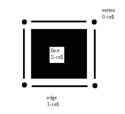 Cell decomposition of a single pixel. The edges and vertices may be shared with adjacent pixels.